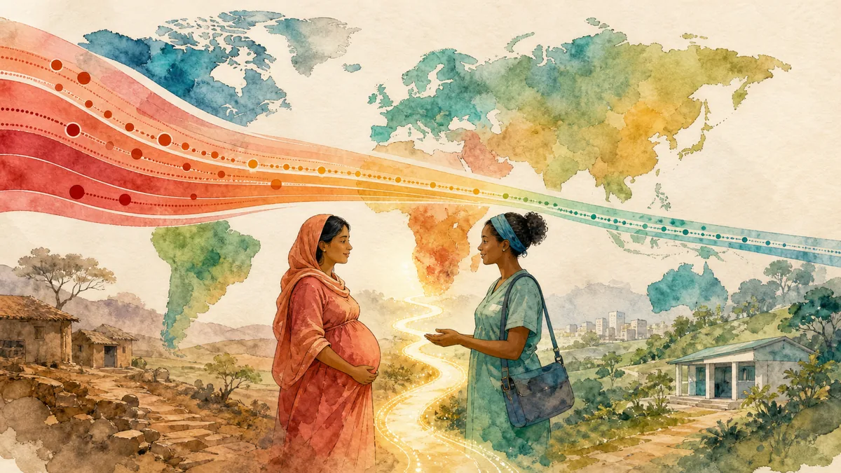 世界地図と縮んでいくデータの帯の中央で妊婦と助産師が向き合う様子を描いた水彩とインクのイラスト