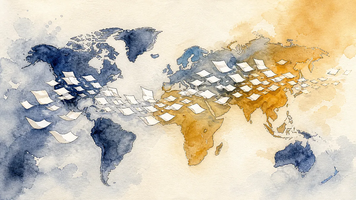 世界地図の上を紙のページが渡り鳥の群れのように西から東へ飛んでいく様子を描いた水彩とインクのイラスト