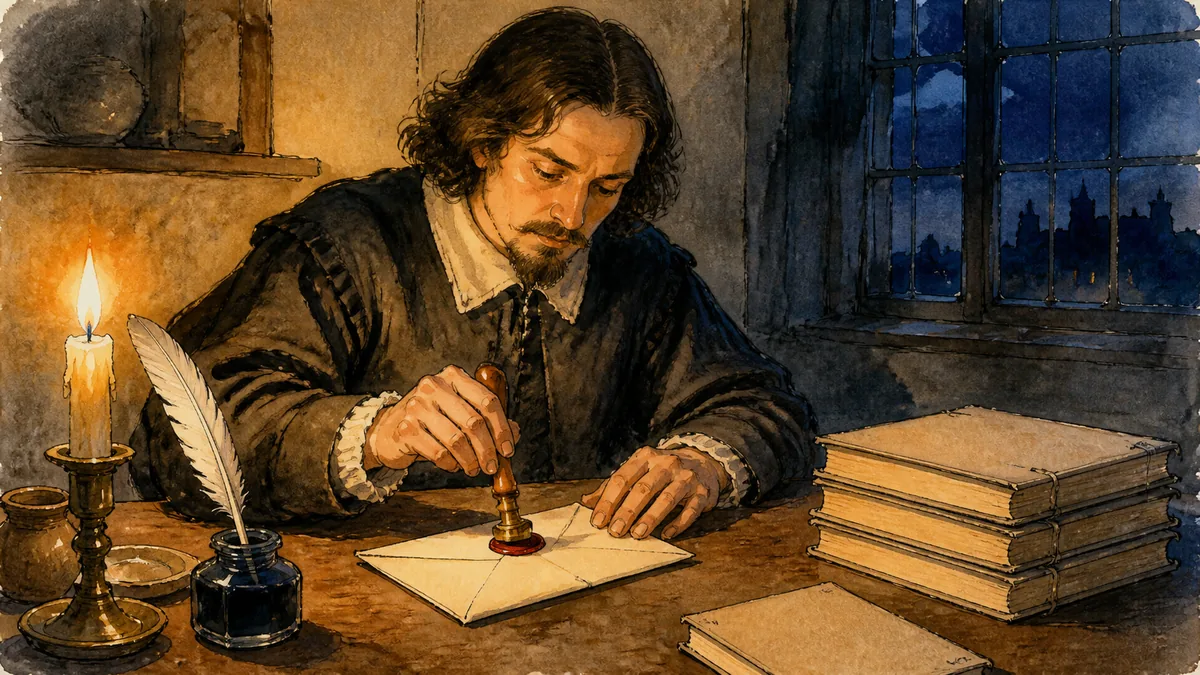 蝋燭の灯りの下で手紙に封蝋を押す17世紀の学者を描いた水彩とインクのイラスト