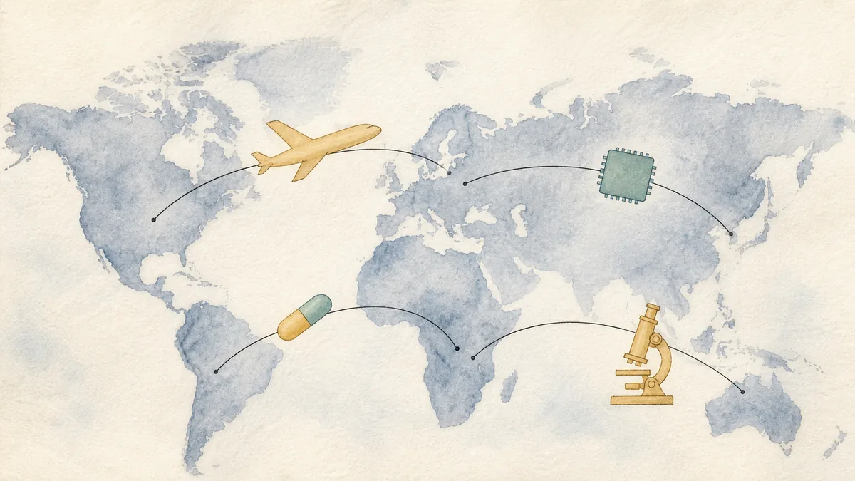 世界地図の上を航空機・回路基板・薬のカプセル・精密機器のモチーフが交易路のように結ばれて流れる、水彩とインクのイラスト